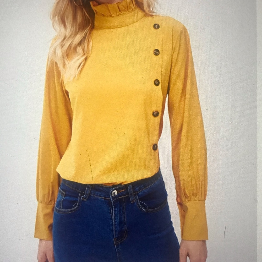 Button detail ruffle neck blouse